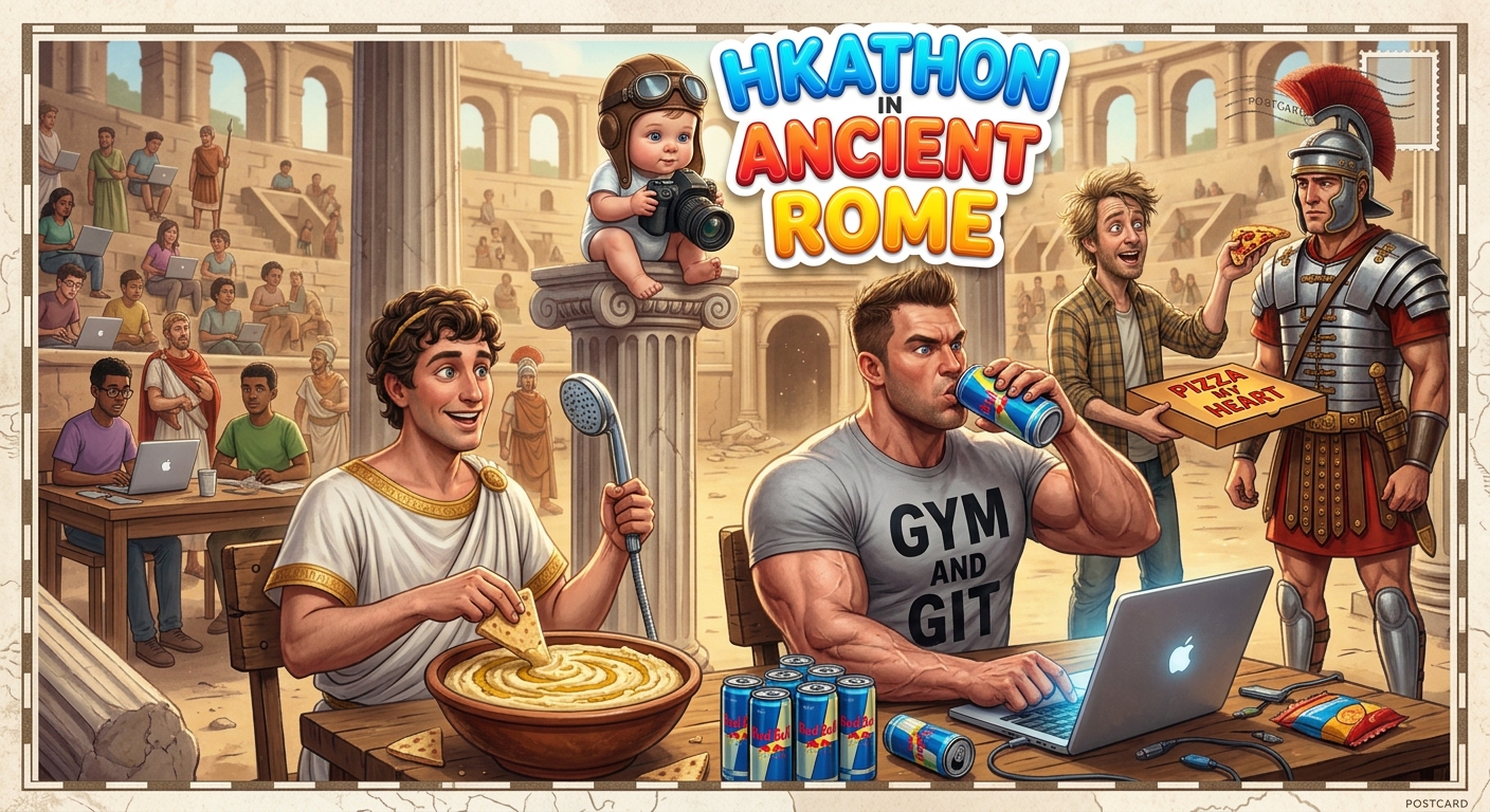 At a hackathon in ancient Rome, Matt codes beside energy drinks while Alex serves hummus with a showerhead and Baby Curtis photographs the event.