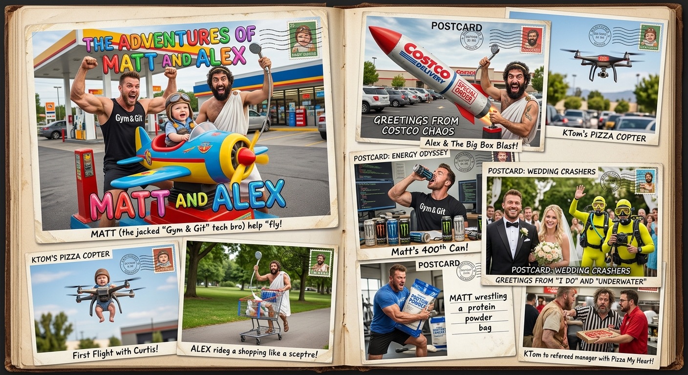 A scrapbook spread of over-the-top adventures involving a toy airplane, a delivery rocket, an energy-drink milestone, wedding crashers, drones, pizza, and a shopping-cart showerhead.