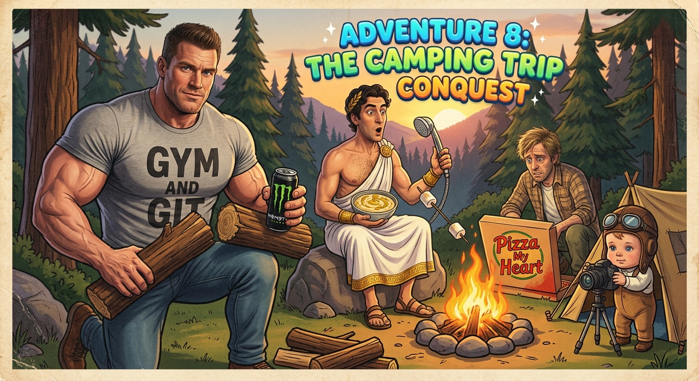 Matt carries firewood on a camping trip while Alex prepares hummus with a showerhead, KTOM warms pizza, and Baby Curtis records the adventure.