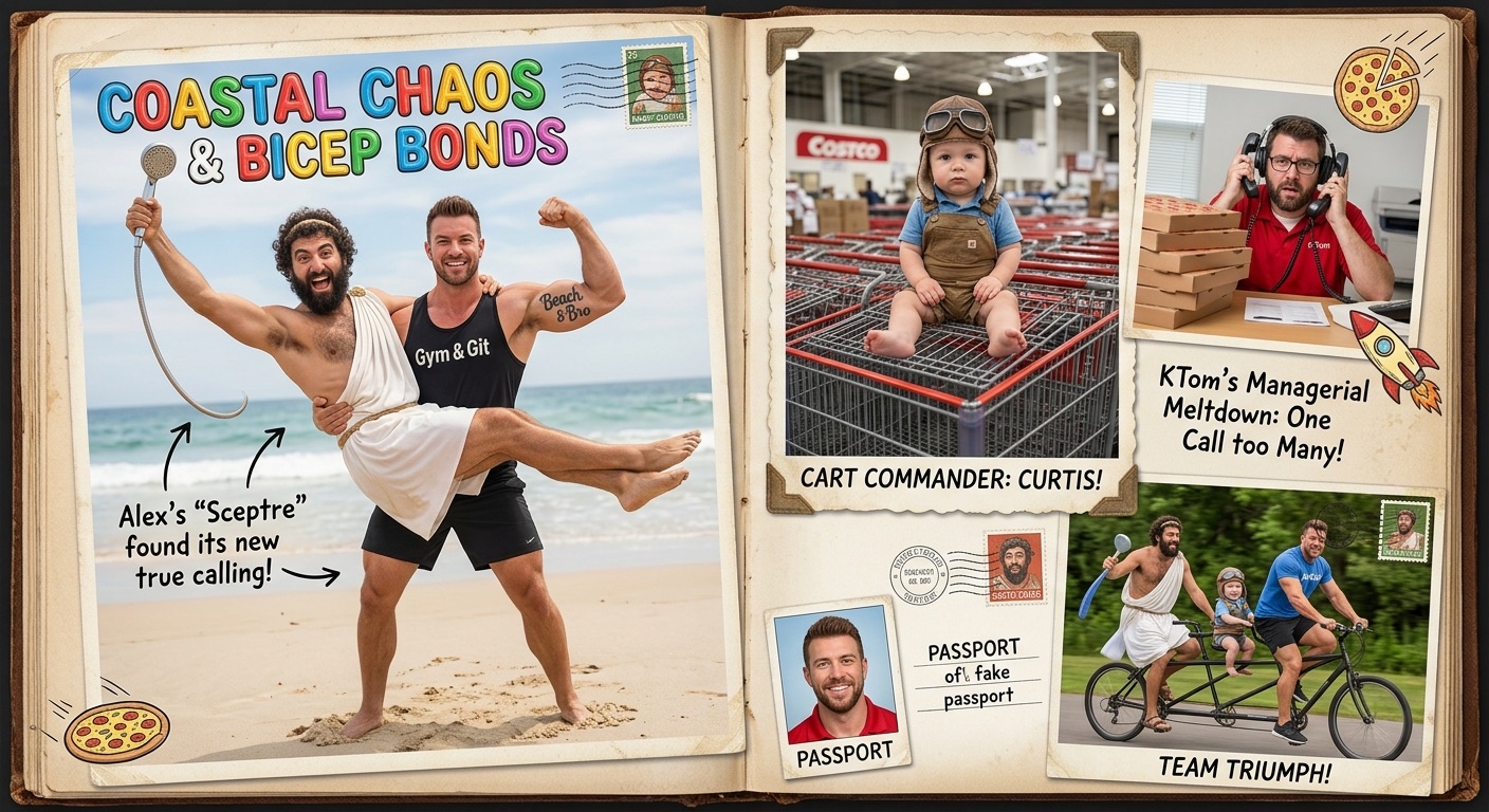 A scrapbook spread titled Coastal Chaos and Bicep Bonds, featuring Matt, Alex, Baby Curtis, and KTOM on a beach, at a big-box store, and riding a tandem bicycle.