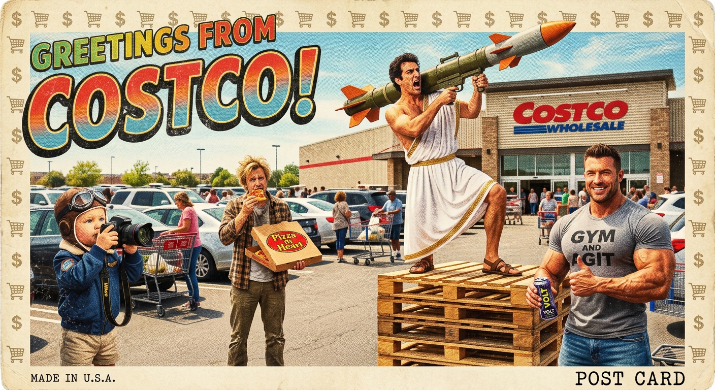 The gang stages a chaotic Costco parking-lot postcard with a shoulder-fired rocket, a stack of pallets, pizza, energy drinks, and Baby Curtis taking pictures.