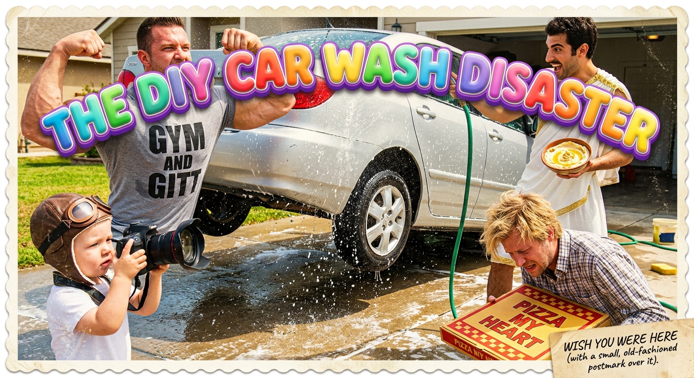 Matt flexes beside a raised car while Alex holds a garden hose and hummus, Baby Curtis photographs the scene, and KTOM protects a pizza box.