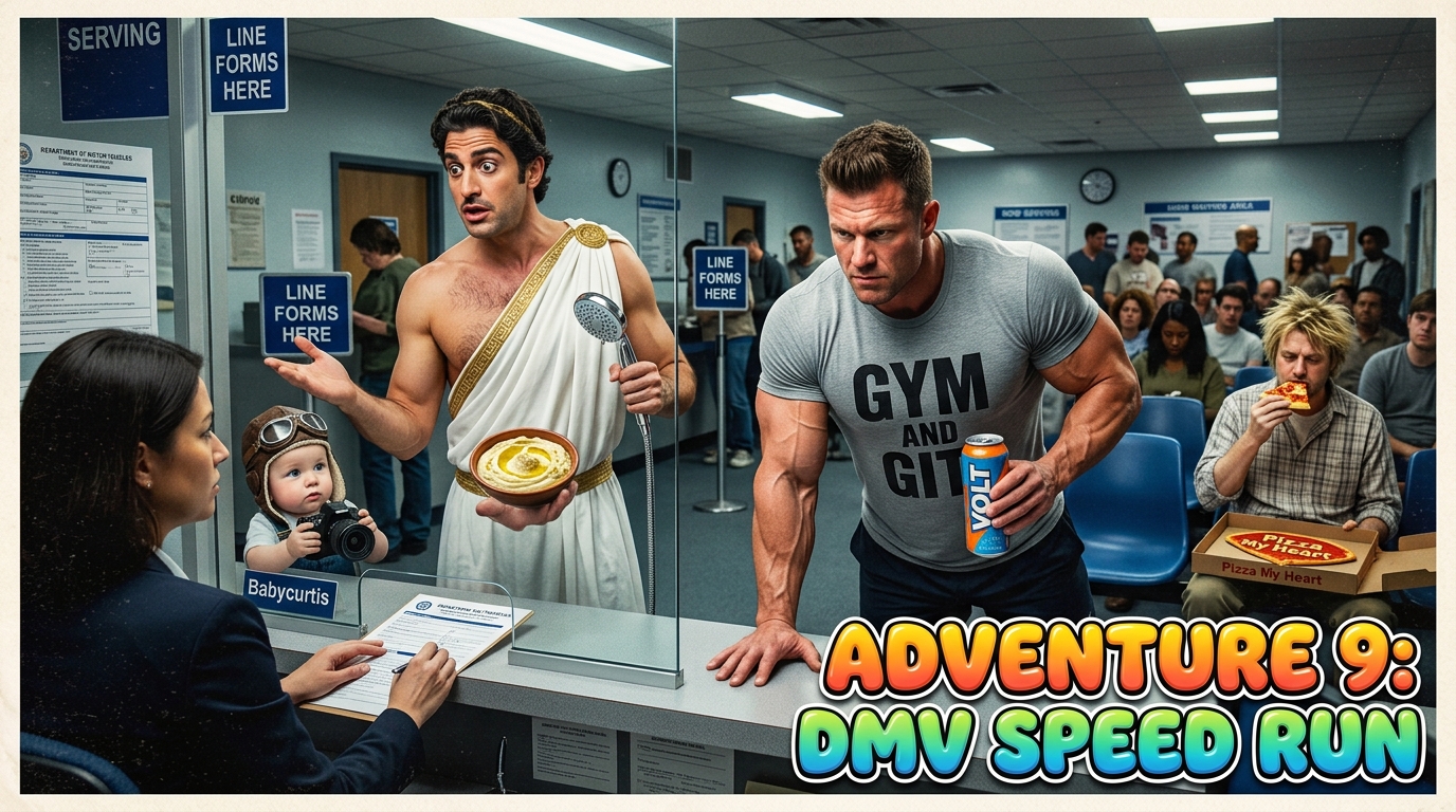 Alex, Baby Curtis, Matt, and KTOM attempt an adventure speed run at a crowded DMV while carrying a showerhead, hummus, energy drink, camera, and pizza.
