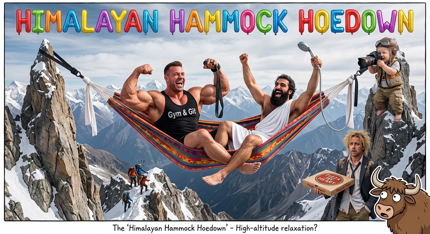 Matt and Alex celebrate in a hammock suspended between Himalayan peaks while Baby Curtis films and KTOM delivers pizza.