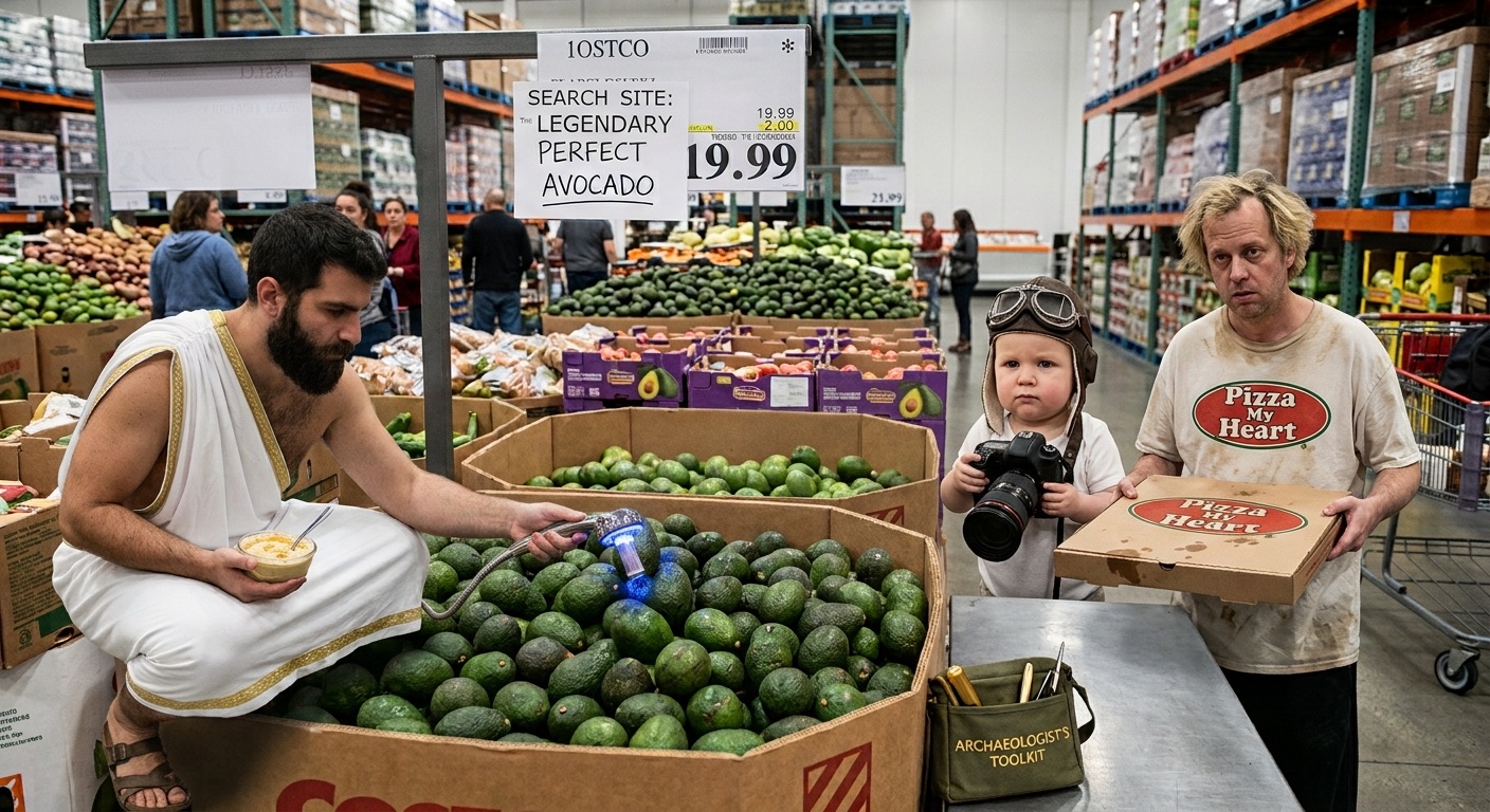 Alex investigates a mountain of avocados with a showerhead while Baby Curtis photographs the scene and KTOM arrives with pizza.