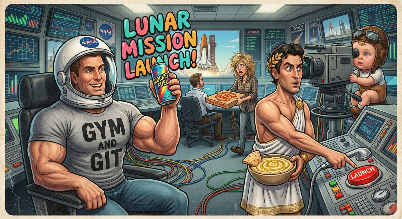Matt prepares for a lunar mission with rocket fuel while Alex handles the launch controls and Baby Curtis operates a television camera.