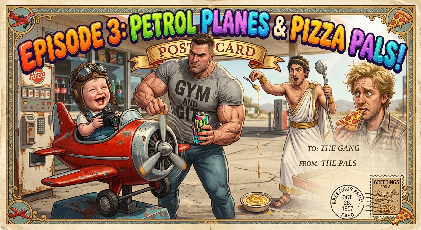 Baby Curtis sits in a coin-operated airplane as Matt helps at a petrol station, Alex drips hummus from a showerhead, and KTOM eats pizza.