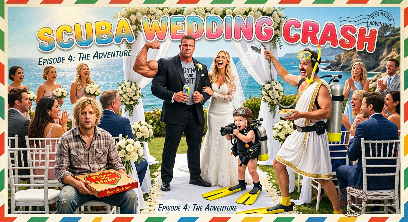 The gang crashes a seaside wedding with scuba gear, a showerhead, hummus, energy drinks, Baby Curtis's camera, and a pizza delivery.