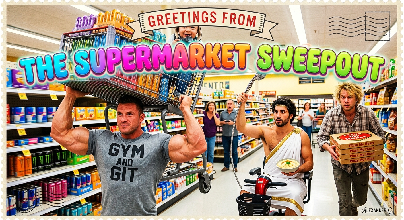 Matt hoists a shopping cart full of energy drinks while Alex rides a mobility scooter with hummus and a showerhead, and KTOM carries a stack of pizzas.