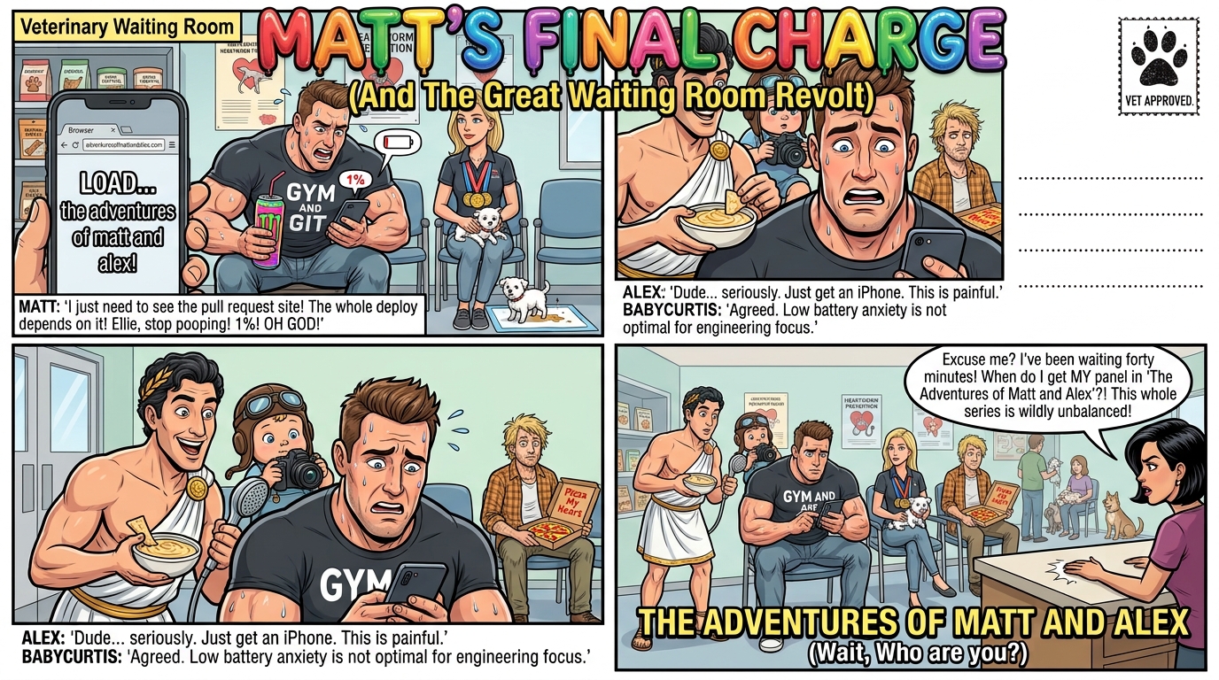 A comic scrapbook spread titled Matt's Final Charge, showing Matt anxiously refreshing a pull request in a veterinary waiting room while Alex, Baby Curtis, and the rest of the gang add to the chaos.